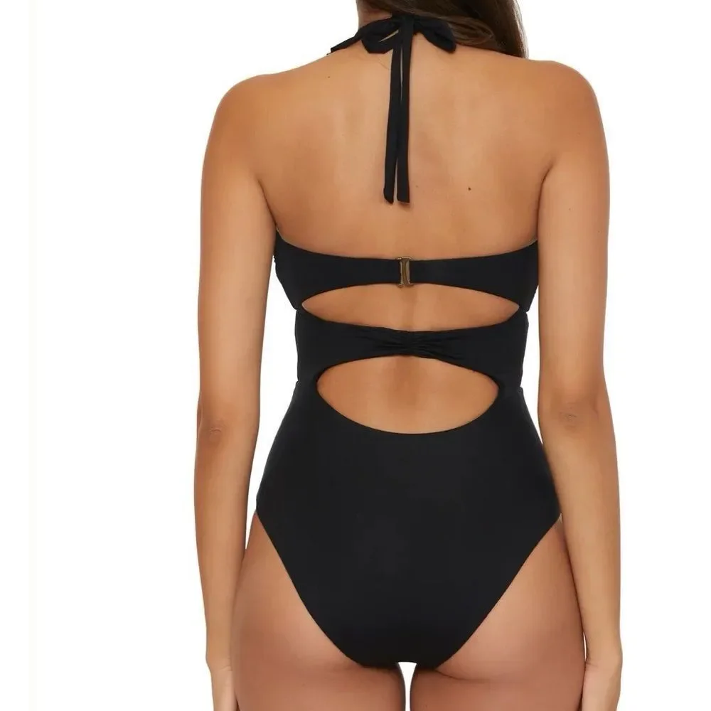 Black Ruffle Halter One-Piece Swimsuit
